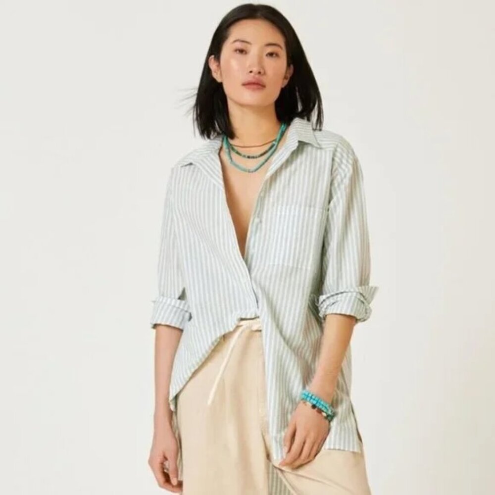 Anthropologie Green Striped Seersucker Buttondown Tunic 🌿 Size Medium NWOT